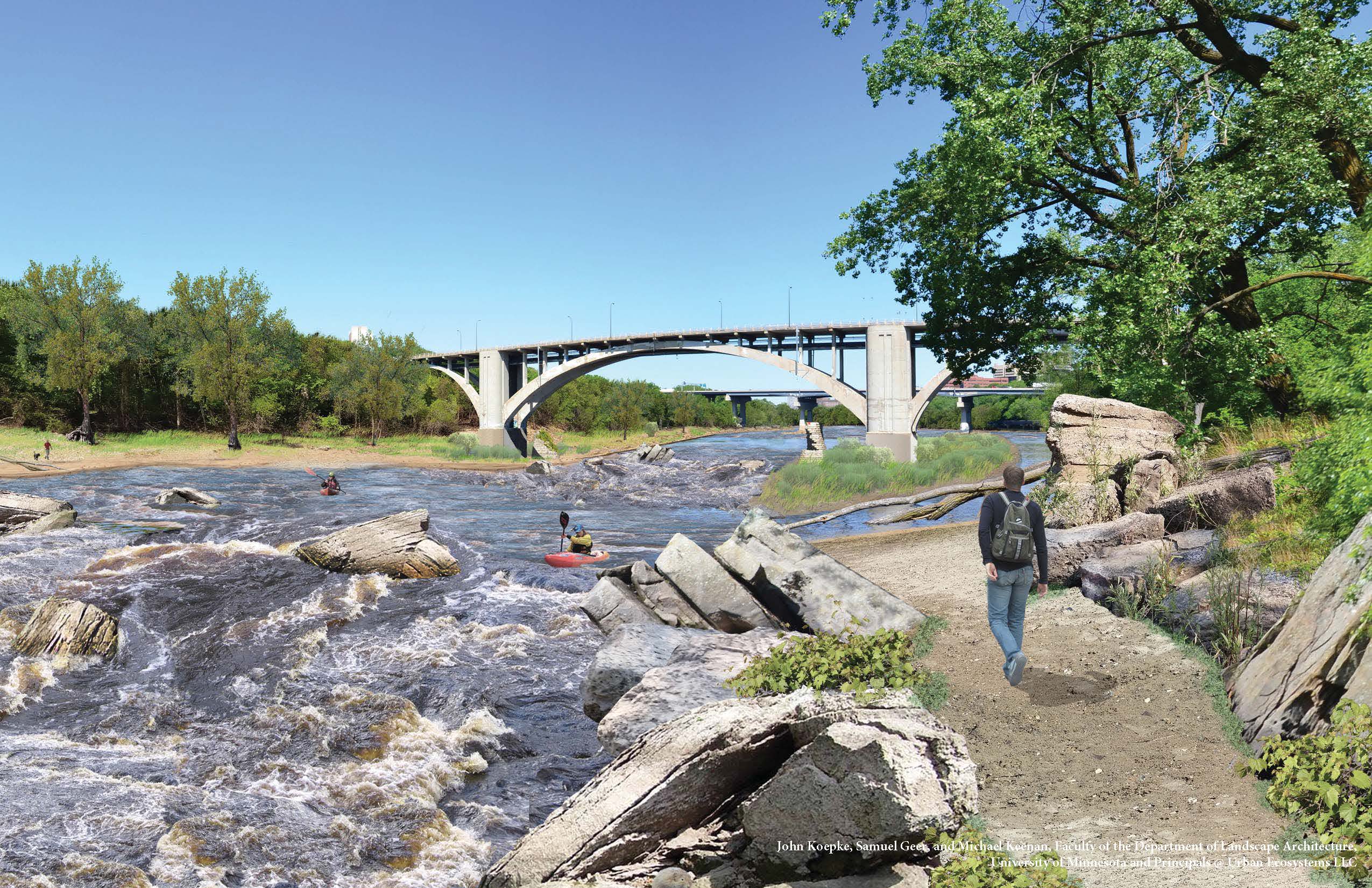 Artist renderings of the Mississippi River Gorge without the dams. Credit: John Koepke, Samuel Geer, and Michael Keenan, Faculty of the Department of Landscape Architecture, University of Minnesota and Principals @ Urban Ecosystems LLC