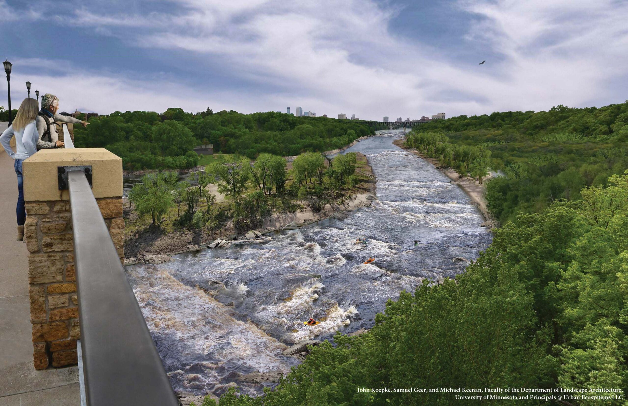 Artist renderings of the Mississippi River Gorge without the dams. Credit: John Koepke, Samuel Geer, and Michael Keenan, Faculty of the Department of Landscape Architecture, University of Minnesota and Principals @ Urban Ecosystems LLC