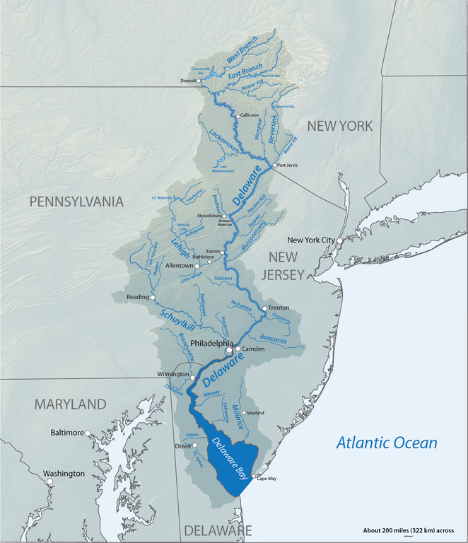 Map of the Delaware River watershed, showing major tributaries and cities.