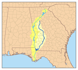 Map of the Apalachicola-Chattahoochee-Flint Basin (ACF Basin) watershed with the Flint River in dark blue
Map of the Apalachicola-Chattahoochee-Flint Basin (ACF Basin) watershed with the Flint River in dark blue