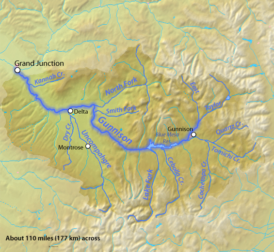 Map of the Gunnison River, its tributaries and
major cities
