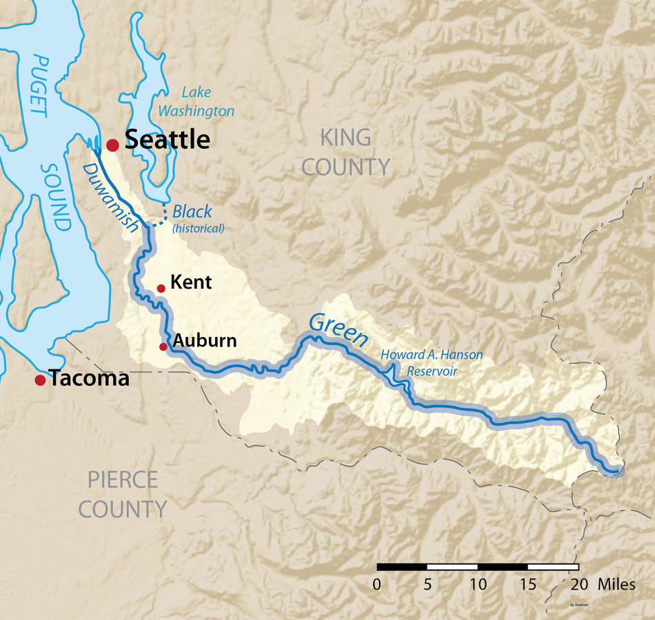 Map of the Duwamish/Green River watershed with the Green River highlighted