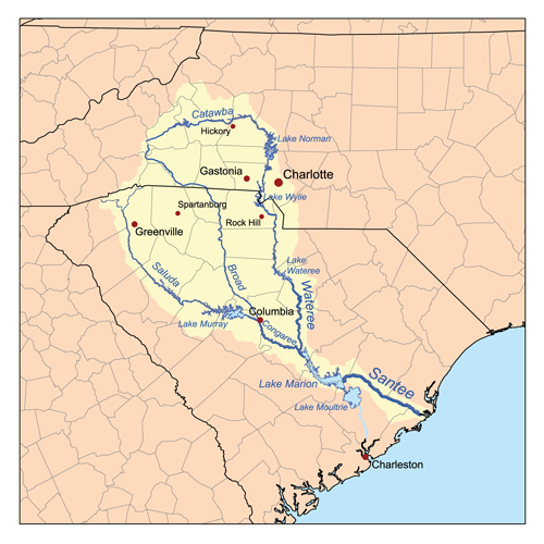 Map of the Santee River watershed, including the Catawba River