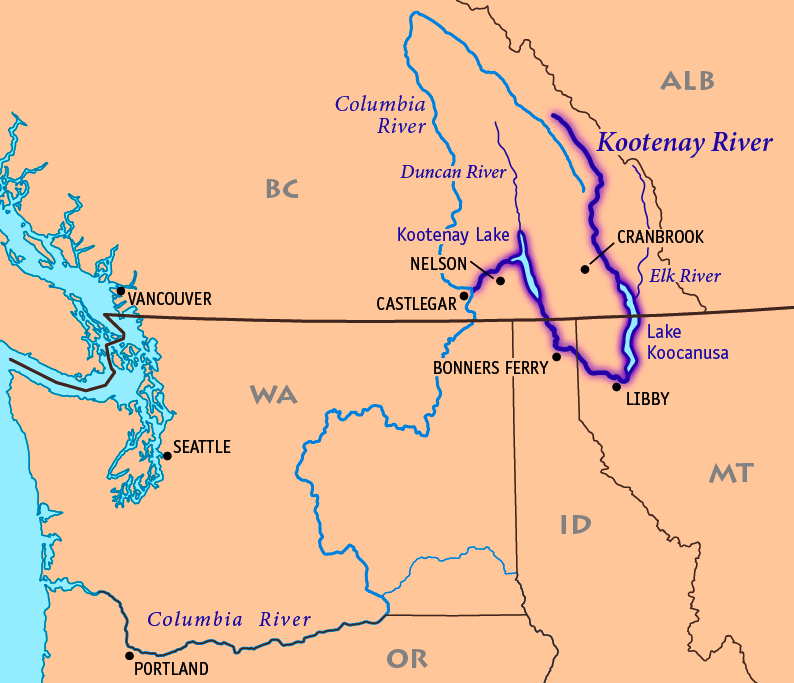 Map of the Kootenai River, its main tributaries and lakes, and major cities.