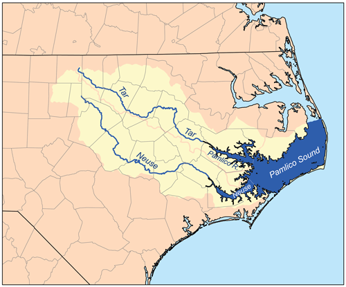 Map showing the Neuse and Tar River watersheds.