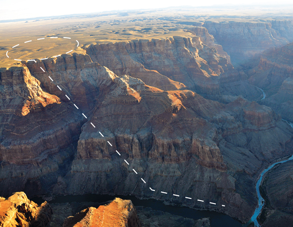 Dotted line showing the proposed Grand Canyon Escalade Tramway going to the Confluence