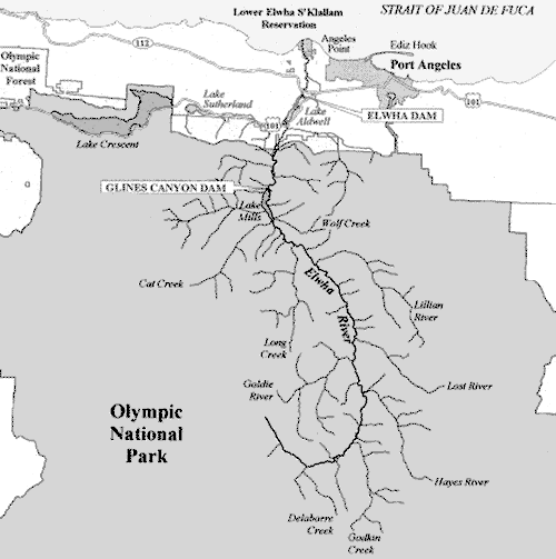 Map of the Elwha River and tributaries with dams.