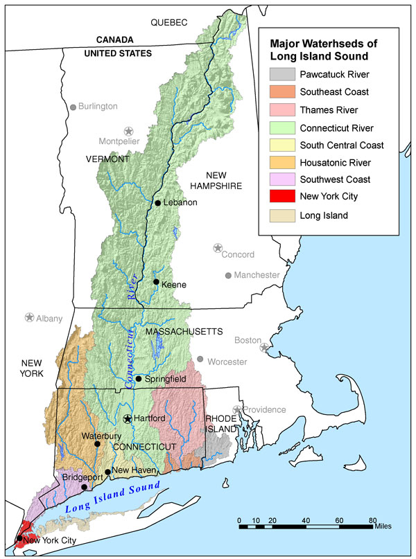 Map of the rivers of the Long Island Sound with the Connecticut River basin highlighted in green