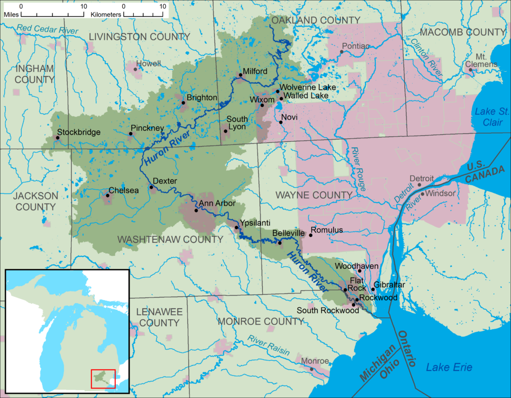 Map of the Huron River watershed, Michigan | Wikpedia