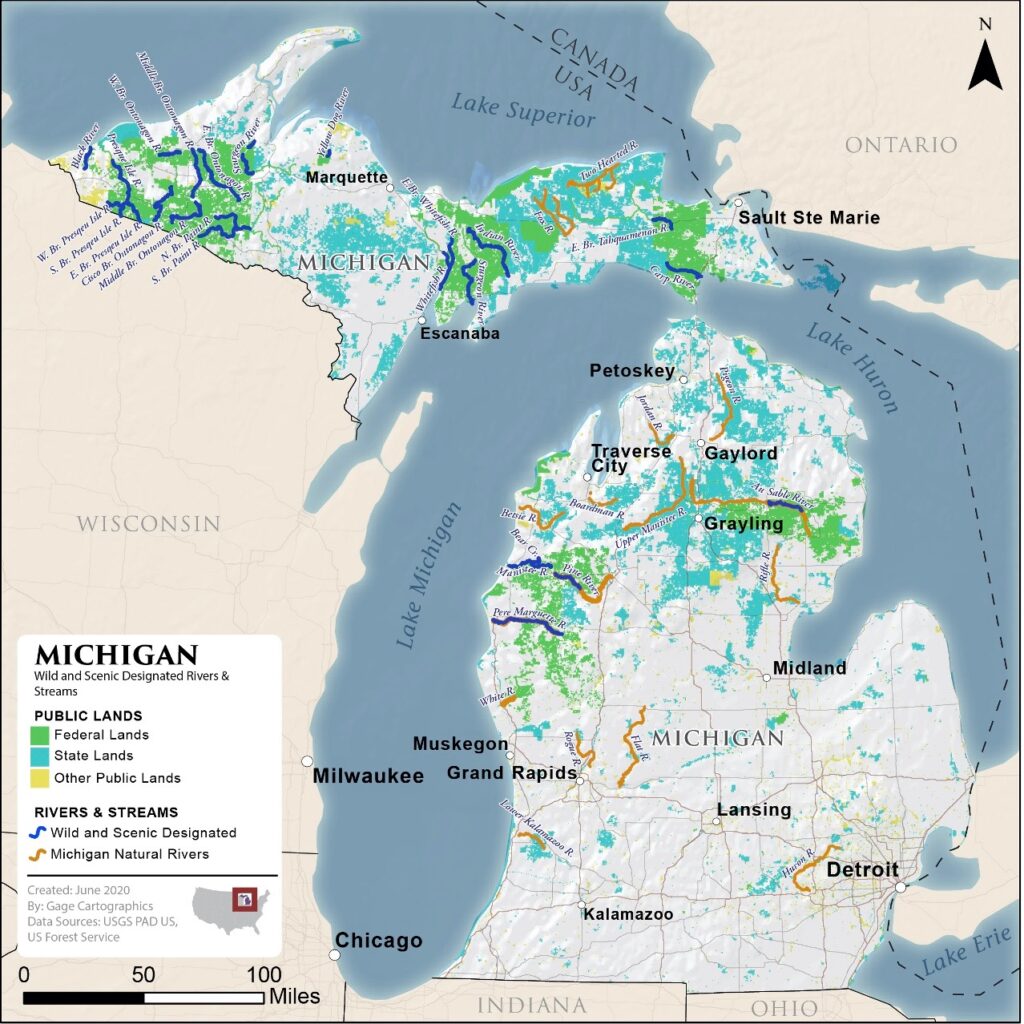 Map of Michigan’s designated national Wild and Scenic and Michigan Natural Rivers