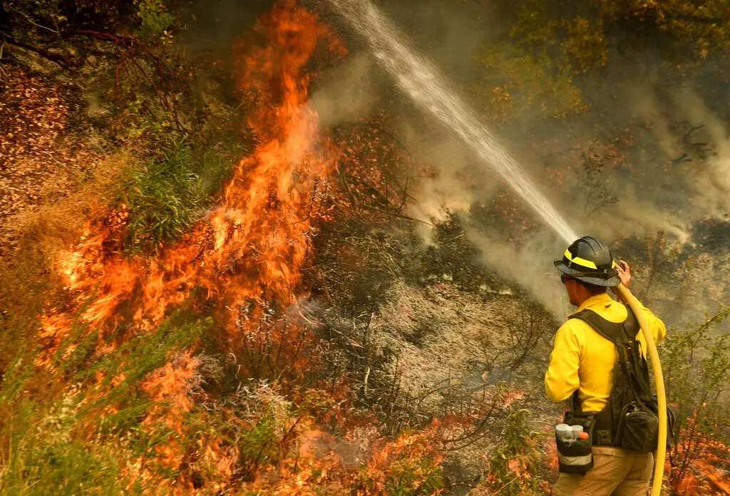 A firefighter puts out a hot spot along Highway 38 northwest of Forrest Falls, California | Will Lester